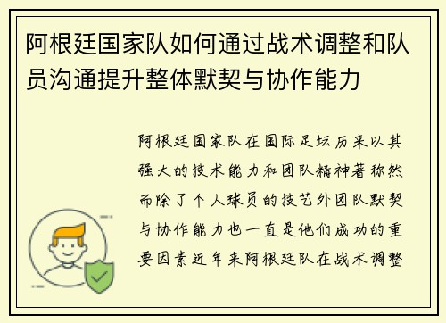 阿根廷国家队如何通过战术调整和队员沟通提升整体默契与协作能力